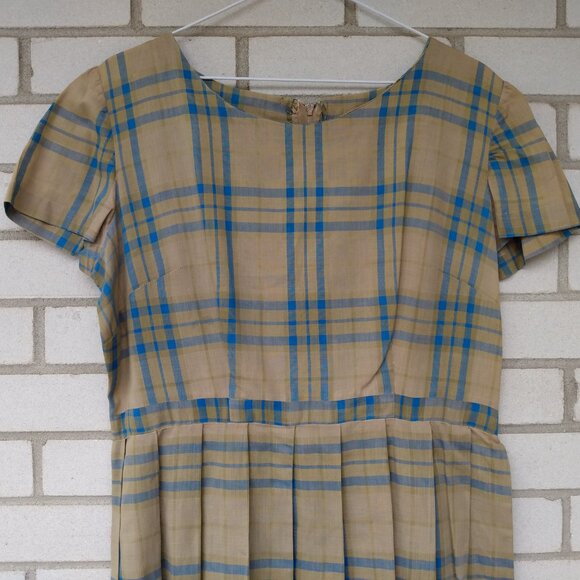 Vintage 50s Rockabilly Dress 41" Bust 33" Waist Khaki Blue Plaid Lightweight - Picture 5 of 12